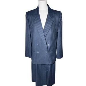 90s Power Suit Navy Pinstripe Blazer Skirt Set Vintage Womens 11 12 Modern M